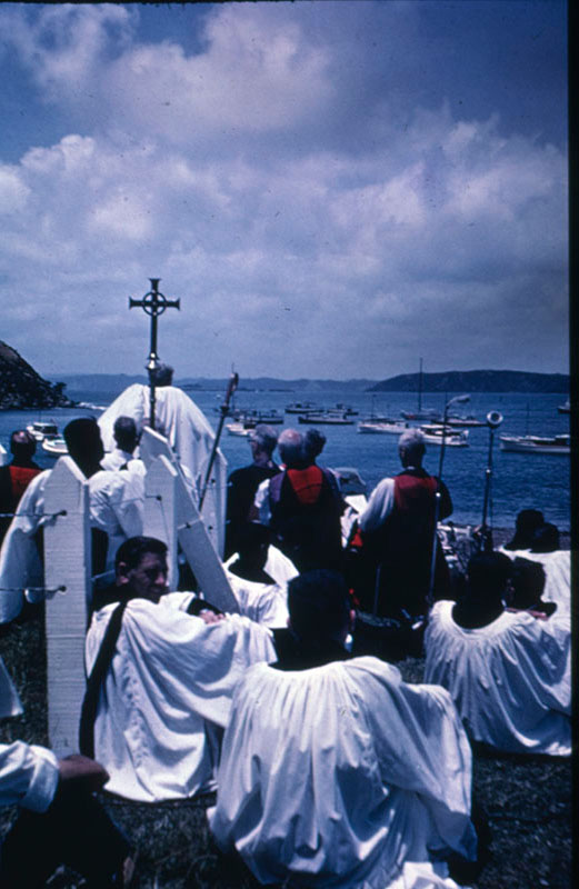 Reverend R E Marsden leading the service at Oihi, Bay of Islands 1964