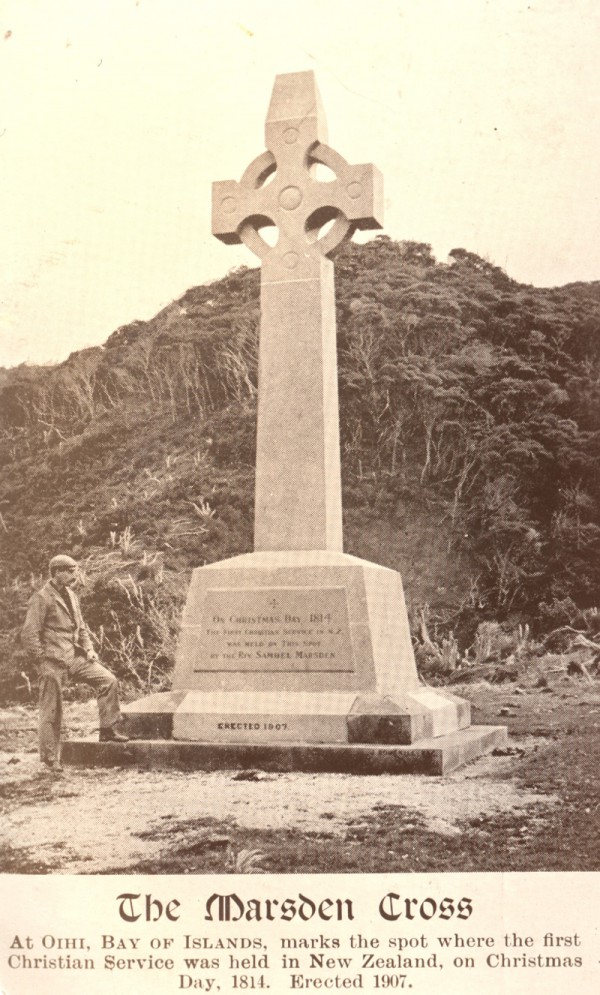 Marsden Cross at Oihi Bay. John Kinder Theological Library. Archive ref: SJC 28/1/164 [A0164]