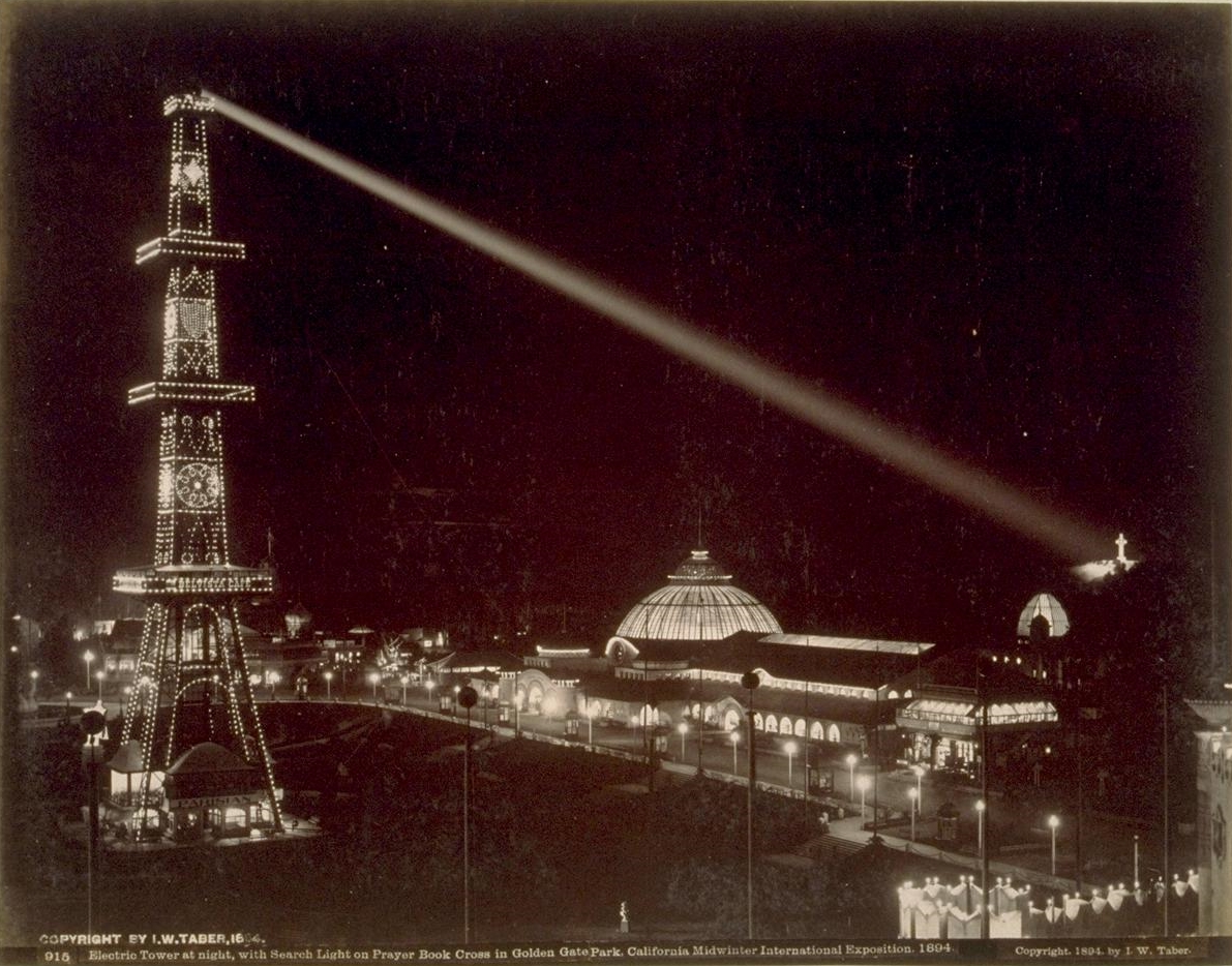 Electric Tower at Night, with Search Light on Prayer Book Cross in Golden Gate Park, C.M.I.E., 1894 [UC Berkeley, Bancroft Library]