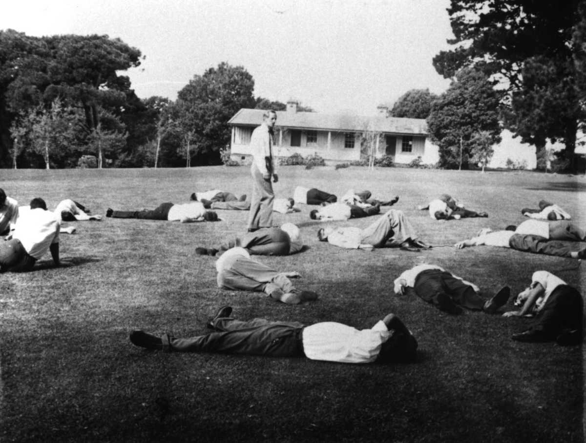 John Thomson leading relaxation exercises as part of speech training, St John’s Theological College, 1963. Archives reference: SJC 28-8-15