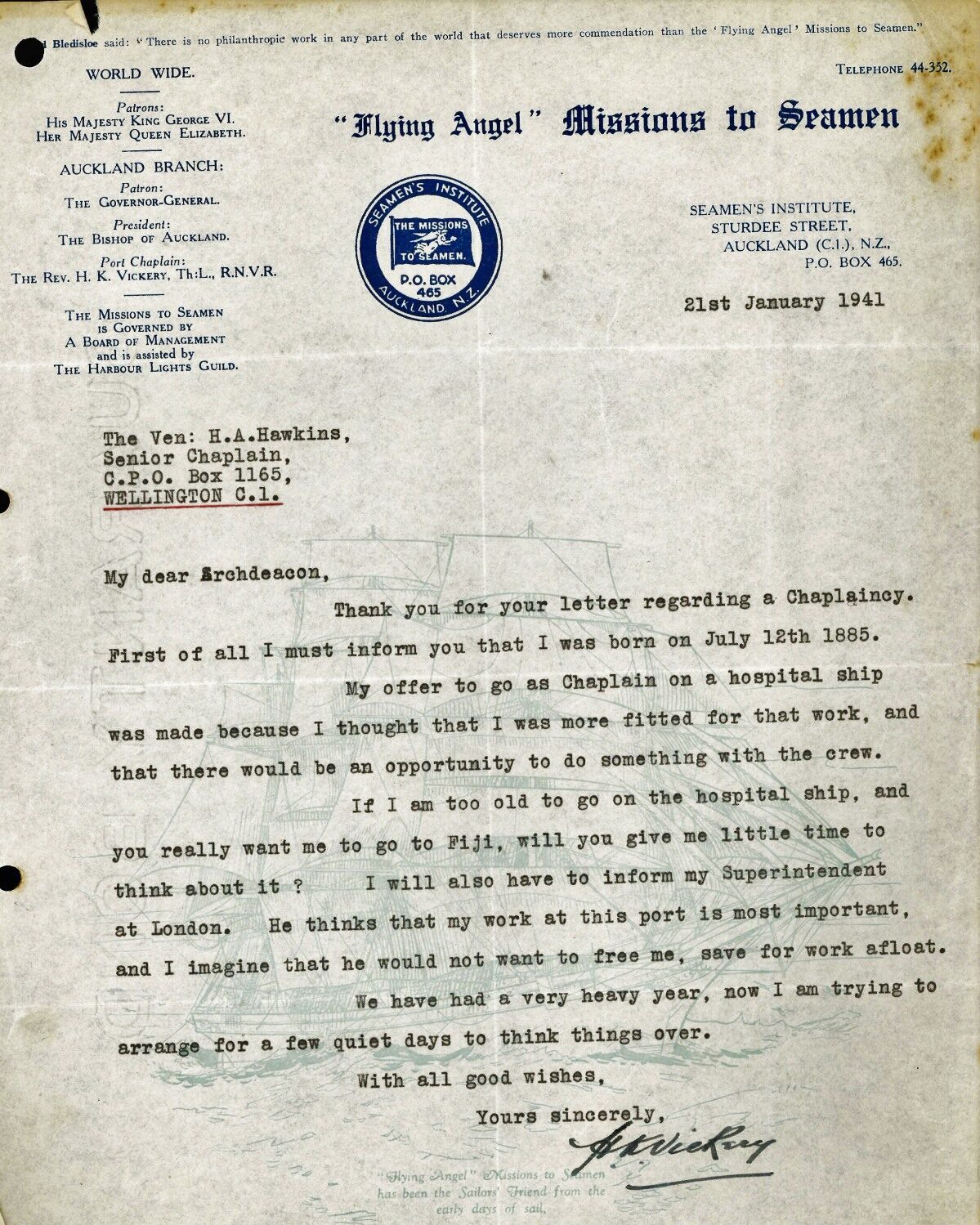Image: Letter from Rev. H K Vickery to Archdeacon H A Hawkins regarding volunteering, 21 January 1941 [Archives reference: ANG 55-6-16]