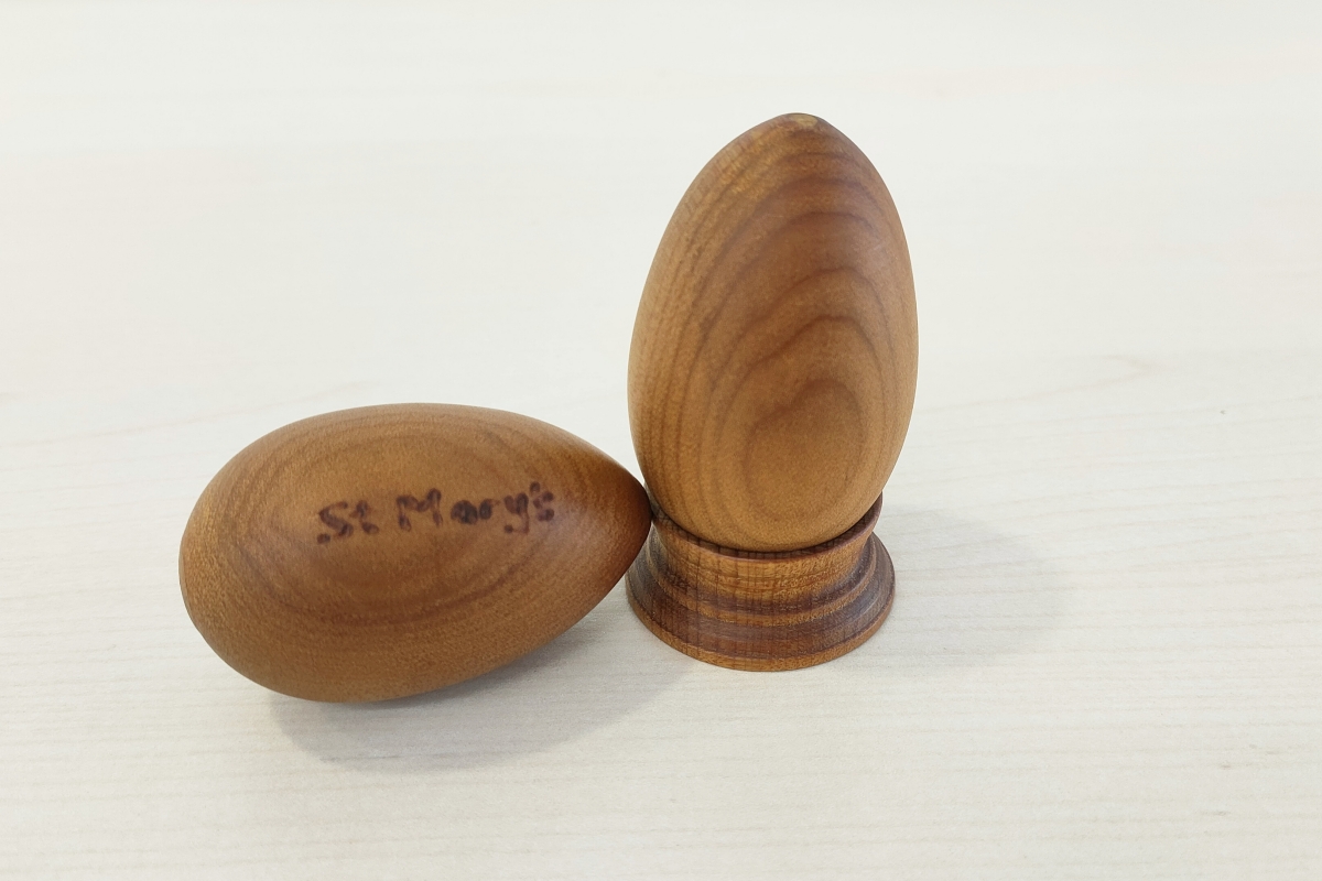 Wooden eggs from St Mary's Cathedral in Auckland.