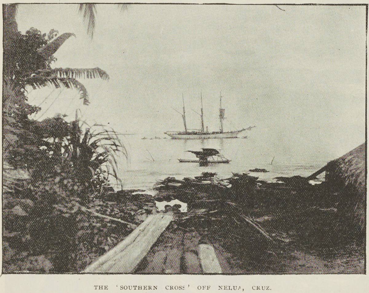 Scan of newspaper article, showing image of The Southern Cross off Nelua Santa Cruz